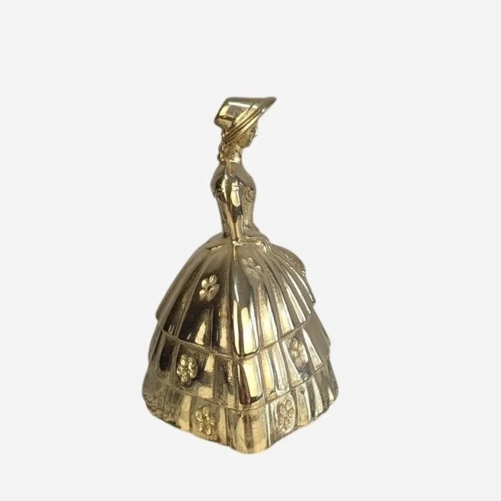 Vintage Brass Crinoline Lady Dinner Bell Bonnet Tiered Skirt Floral 3.5 in